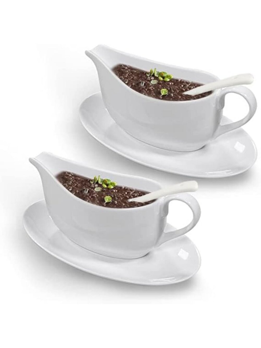 Elegant White Ceramic Gravy Boat Set with Ladle & Saucer - 17 Oz Serving Dish